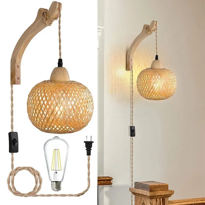 Bohemian chic rattan wall lantern, a unique handwoven light fixture for natural home styling.