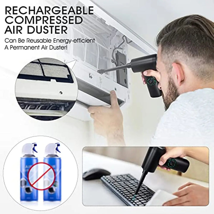 Compact, cordless rechargeable air duster for easy dust removal in home, office, or car interior. USB charged.