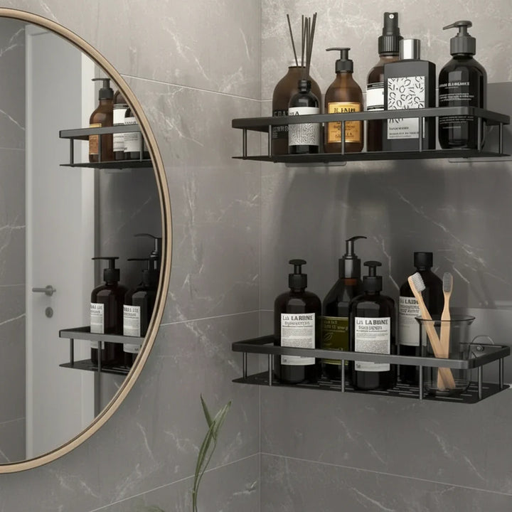 Durable drill-free adhesive bathroom shelf. Modern wall-mounted shower caddy for home organization.