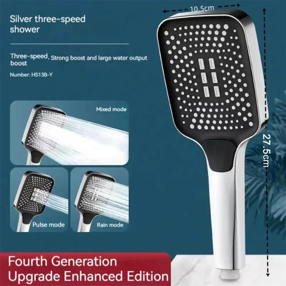 Modern silver rainfall shower fixture with 3 spray settings, enhancing any home decor.