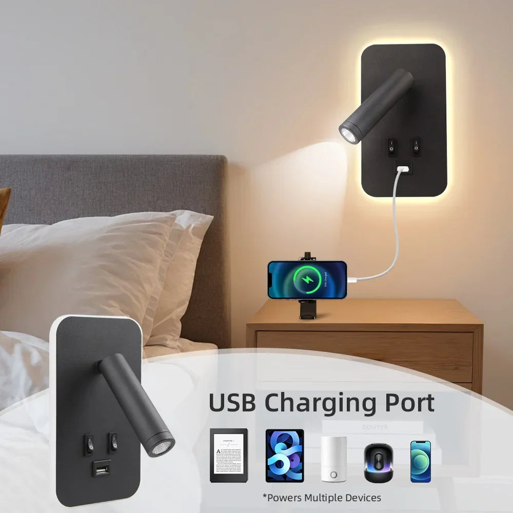 Adjustable LED bedside reading light, rotatable wall lamp with convenient USB charger, modern design.
