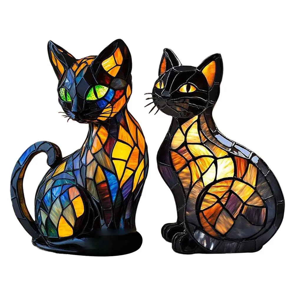 Elegant stained glass style 3D cat LED night light, a unique decorative animal lamp for home ambiance.