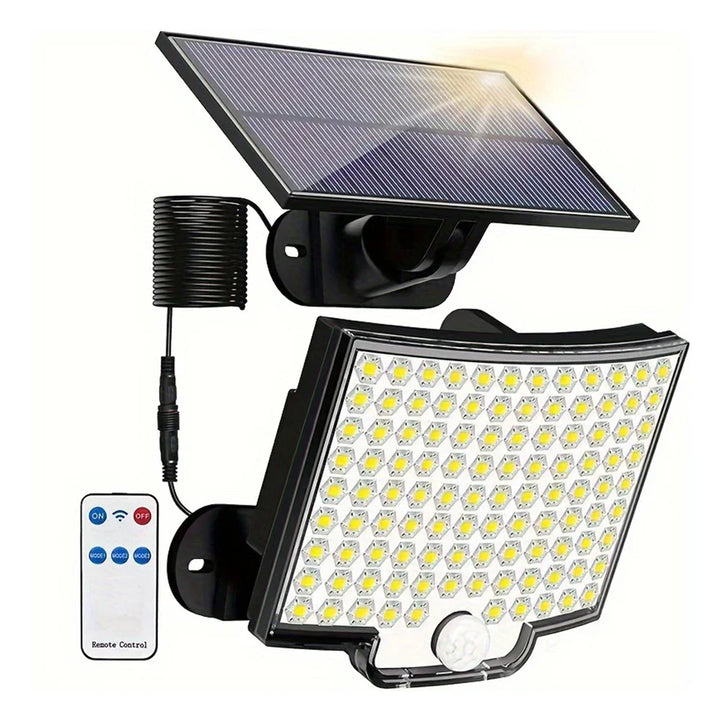 Solar motion sensor LED outdoor security light for home safety, wireless & weather-resistant.