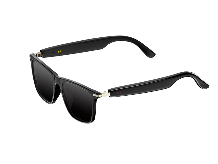 Men's smart wireless audio sunglasses with integrated speakers, blue light & polarized lenses for clear vision & sound.