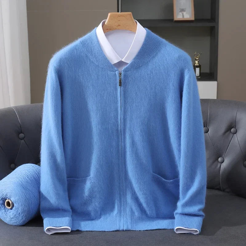 Classic men's full zip cardigan sweater. A timeless knitwear piece for sophisticated layering and fall fashion.