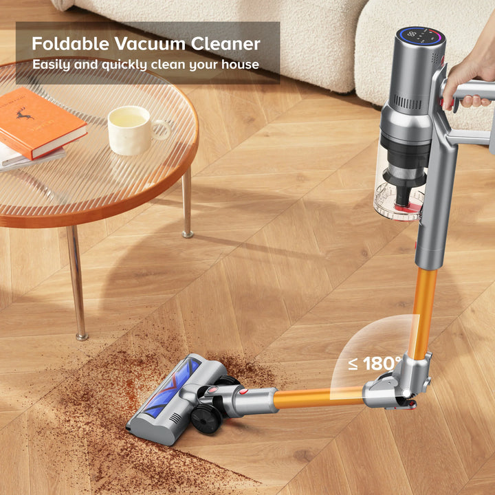 Yellow Tavvitaimp18 portable cordless vacuum for quick dust cleanups on hard floors, carpets & upholstery.