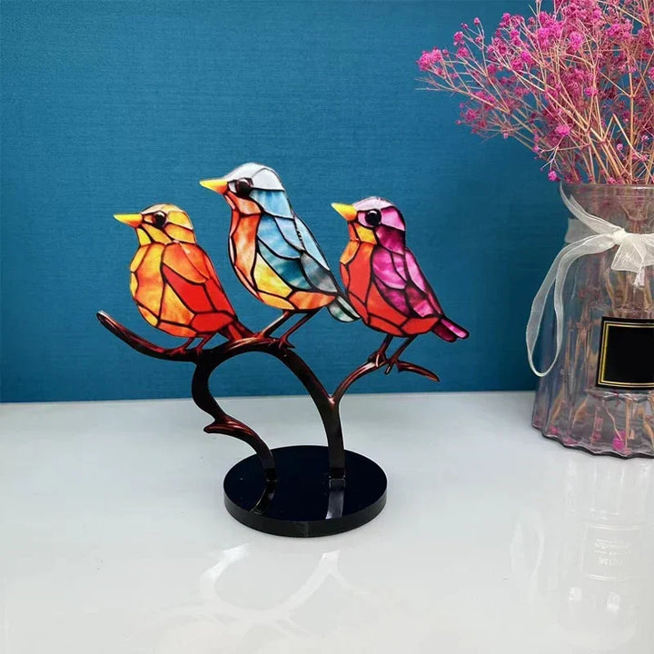 Small vibrant acrylic bird figurine, elegant office decor or a colorful home accent.