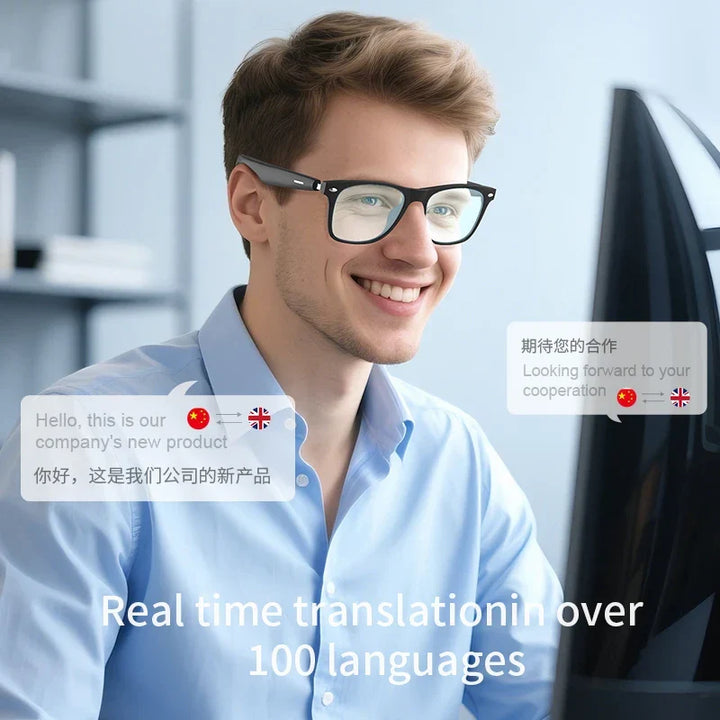 AI smart translation sunglasses for real-time language translation, perfect for travel & global communication.