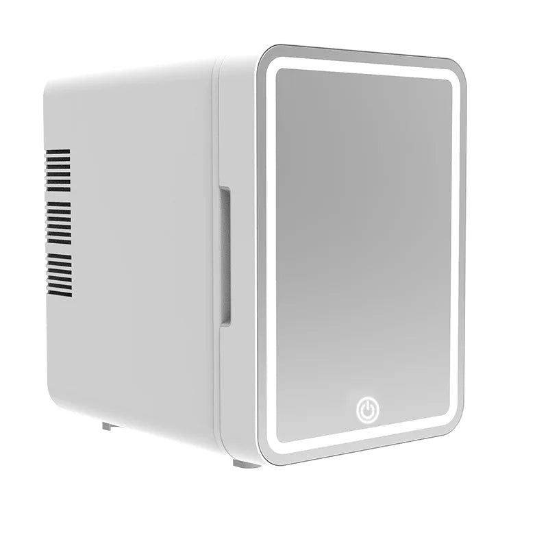 White 4L mini beauty fridge with LED, a silent & compact chiller for skincare, cosmetics & vanity essentials.