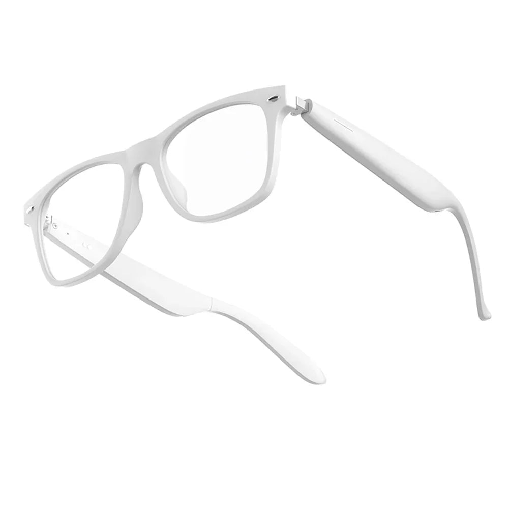 Sleek unisex smart glasses featuring AI language translation, open-ear audio, and Bluetooth connectivity for modern life.