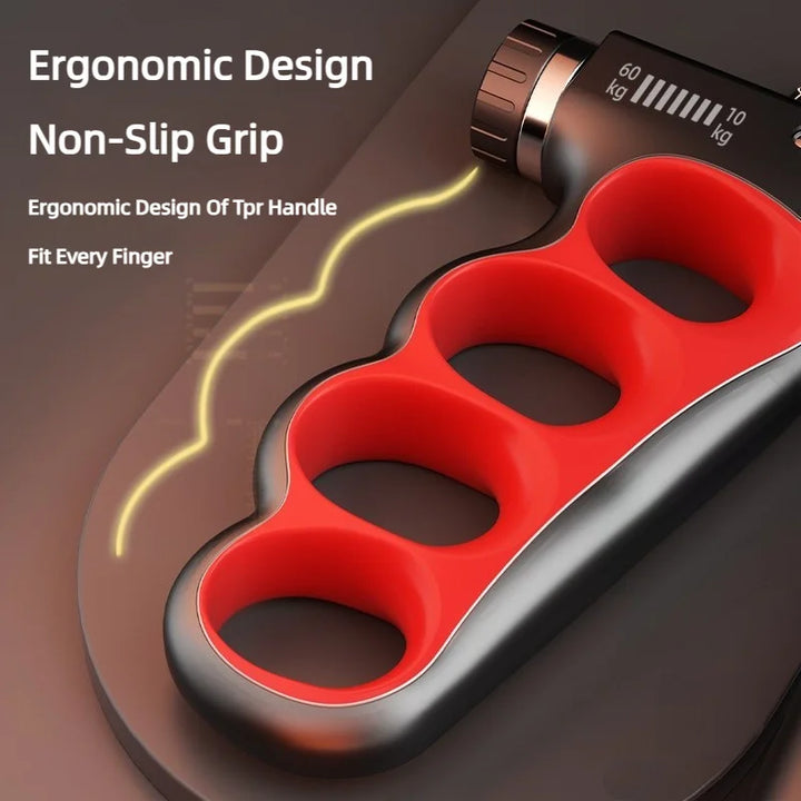Boost hand and forearm strength with this ergonomic digital grip trainer. Perfect for fitness and rehab.