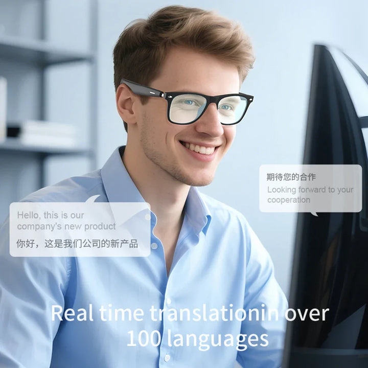 Smart AI translation glasses with Bluetooth audio, open-ear design for hands-free calls & music. Unisex travel tech.