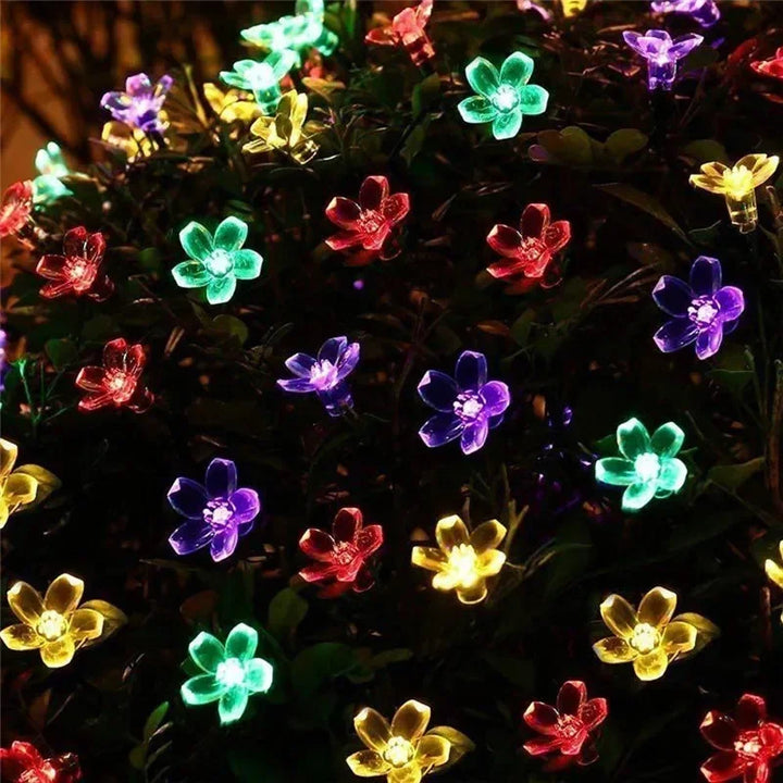 Weatherproof 16.4 ft solar blossom string lights, ideal for outdoor garden, patio & party lighting.