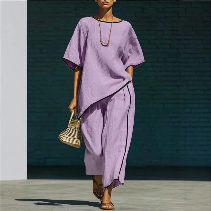 Elegant women's relaxed fit cropped pant & top set, ideal for vacation or comfortable everyday outfits.