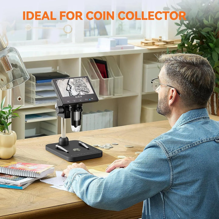 Digital microscope with integrated LED display, 1000X zoom for detailed inspection of small items.