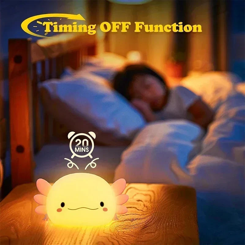 Gentle soft light from a silicone kids' night light, LED & rechargeable, ideal for toddlers' bedtime.