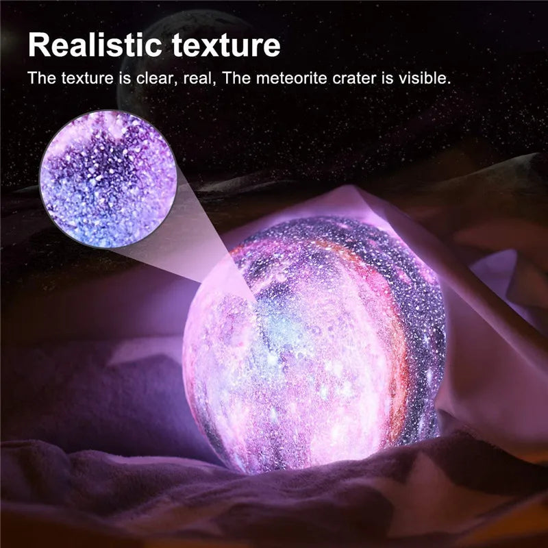 Soft lunar glow LED lamp with 16 color options, creating enchanting ambient lighting & a relaxing bedroom atmosphere.