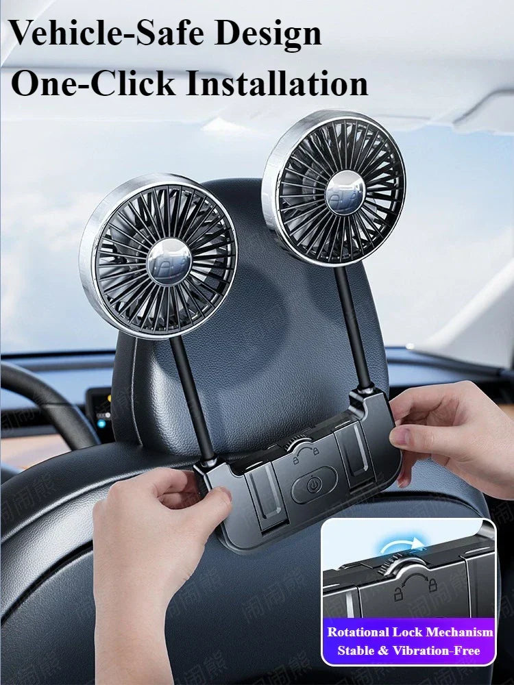 Modern dual-head backseat car fan, USB-C compatible for easy power, ensures cool air throughout your vehicle.