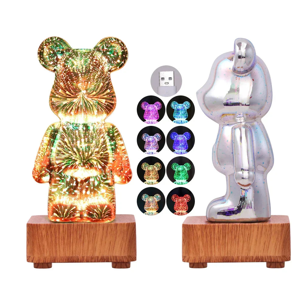 Ambient 3D Firework Bear LED night light, featuring dazzling color-changing firework effects, USB powered for kids.