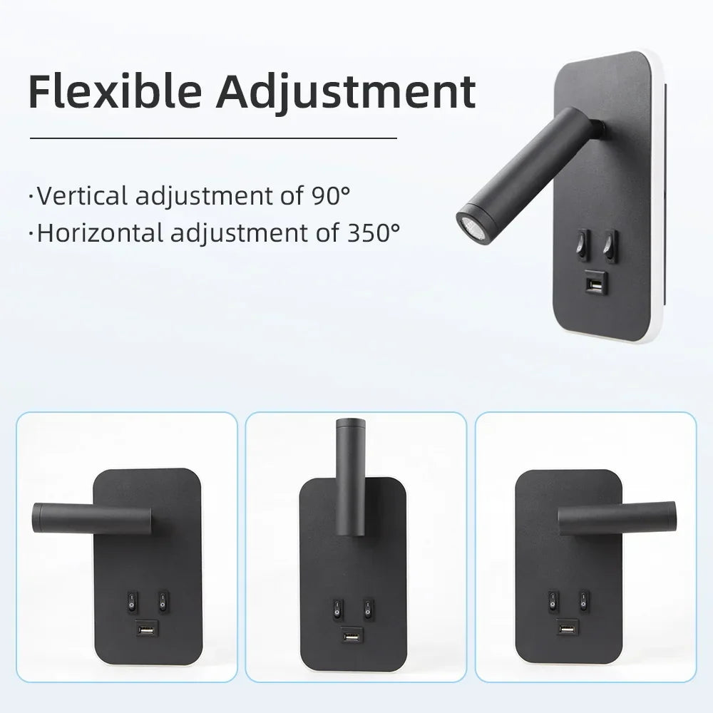 Tavvitaimp18 modern adjustable LED wall lamp, rotatable head, USB charger, great bedroom bedside sconce.