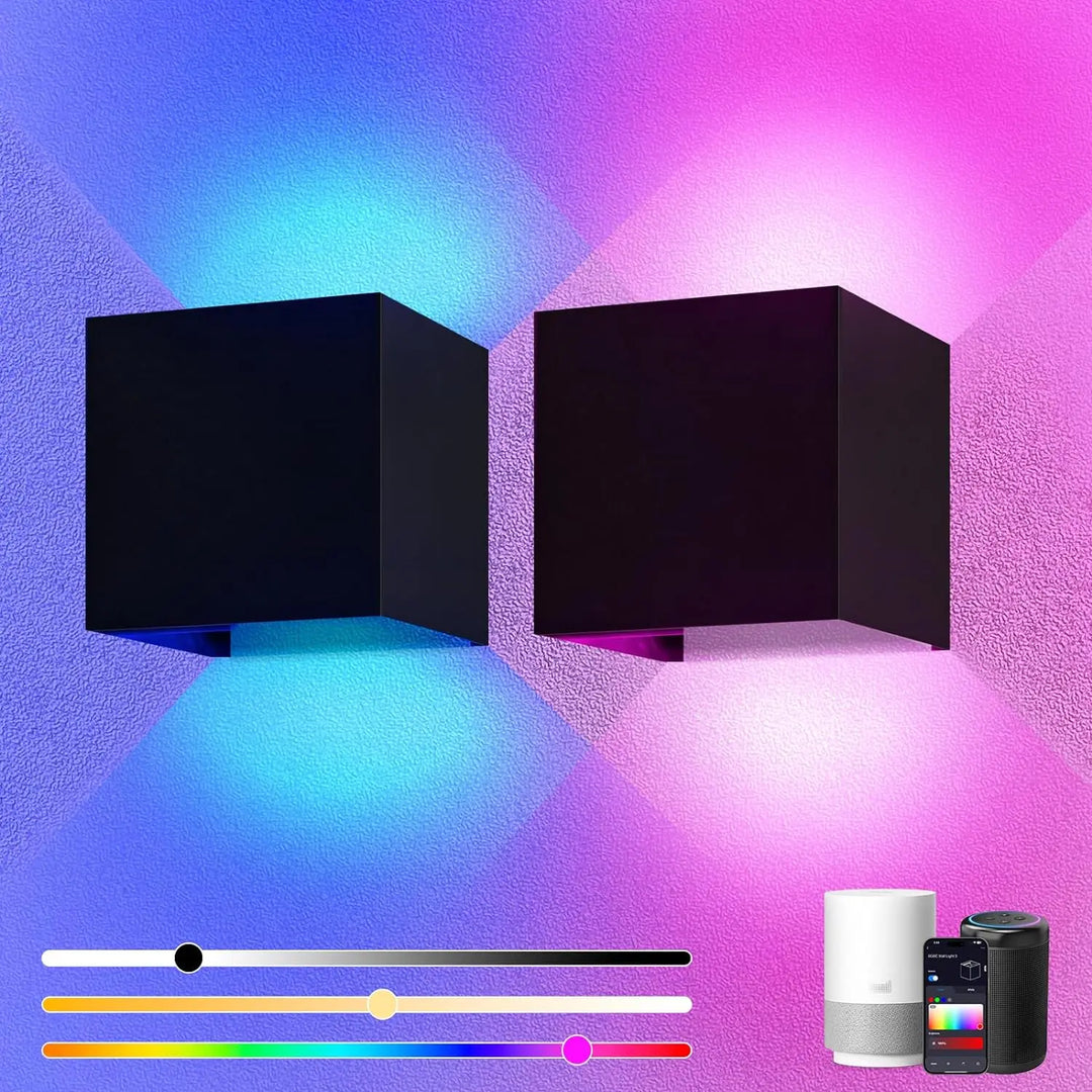 Set of 2 smart outdoor LED wall lights with app & voice control, weather-resistant for modern exterior decor.