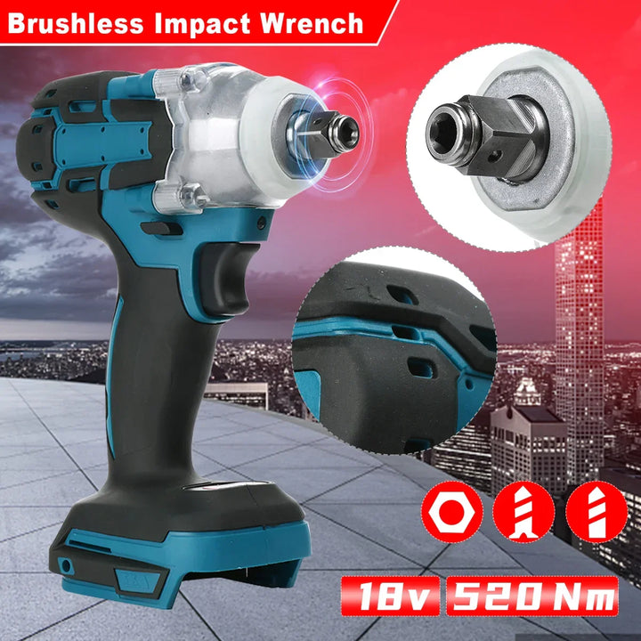 Professional brushless electric cordless impact wrench, 380 ft-lb torque. Heavy duty power tool for DIY.