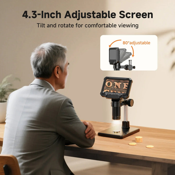 Compact electronic magnifier with 1600X digital zoom & 4.3" screen, ideal for on-the-go analysis.