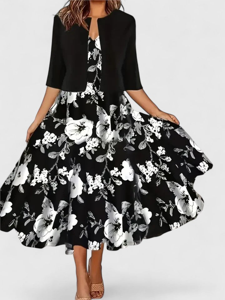 Women's elegant floral print midi dress, A-line, with notch neck & three-quarter sleeves, perfect for parties.