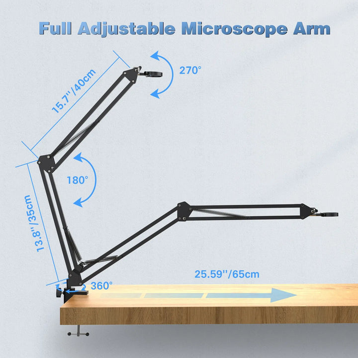 Adjustable metal arm stand, a universal workbench accessory for digital & coin microscopes. Hands-free support.