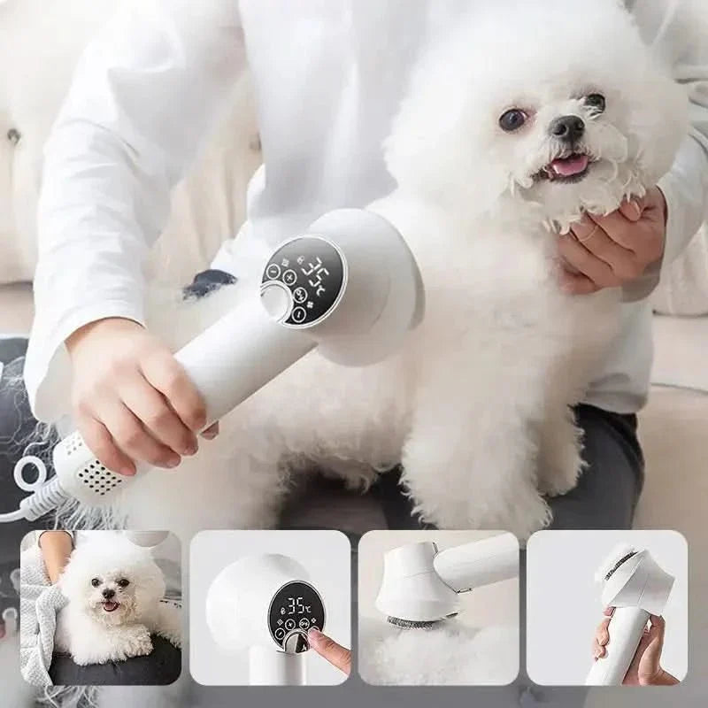 All-in-one pet grooming tool: combines a quiet dog & cat dryer with a gentle deshedding brush for easy care.
