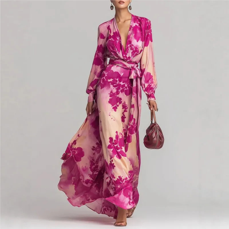 Women's bohemian maxi dress with deep V-neck, lantern sleeves & flowy skirt, perfect for summer vacation.