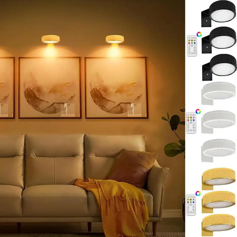 Three Tavvitaimp18 adjustable LED art lamps, remote-controlled for versatile wall lighting.