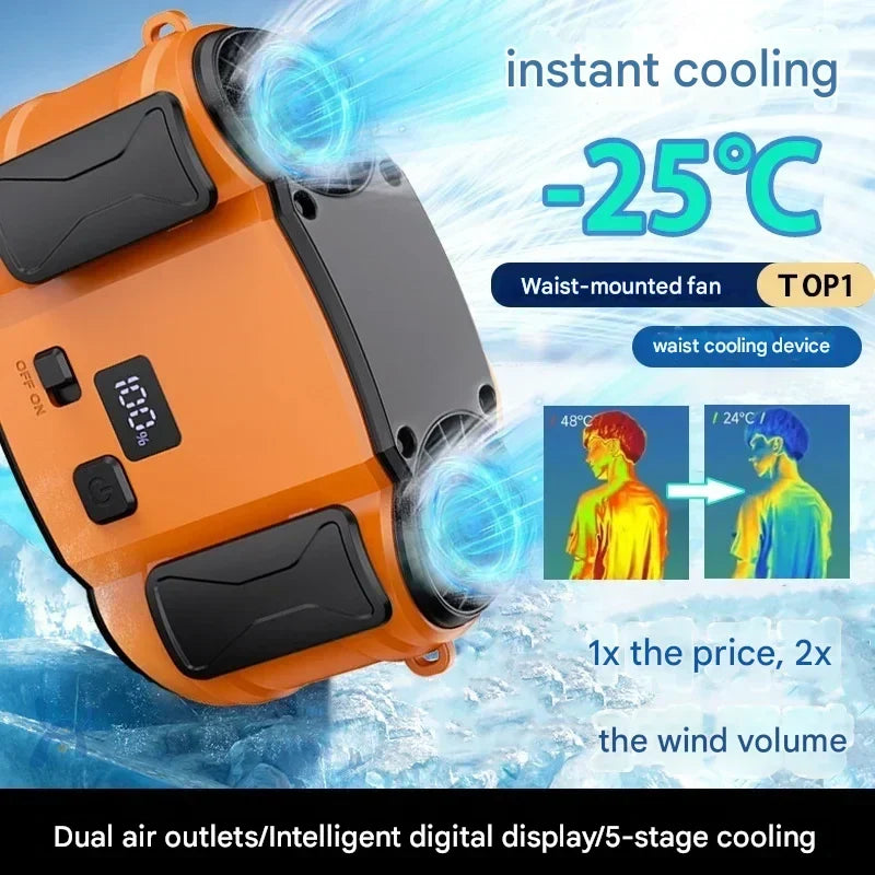 Hands-free personal cooling fan worn around the neck or clipped to waist for ultimate summer comfort.