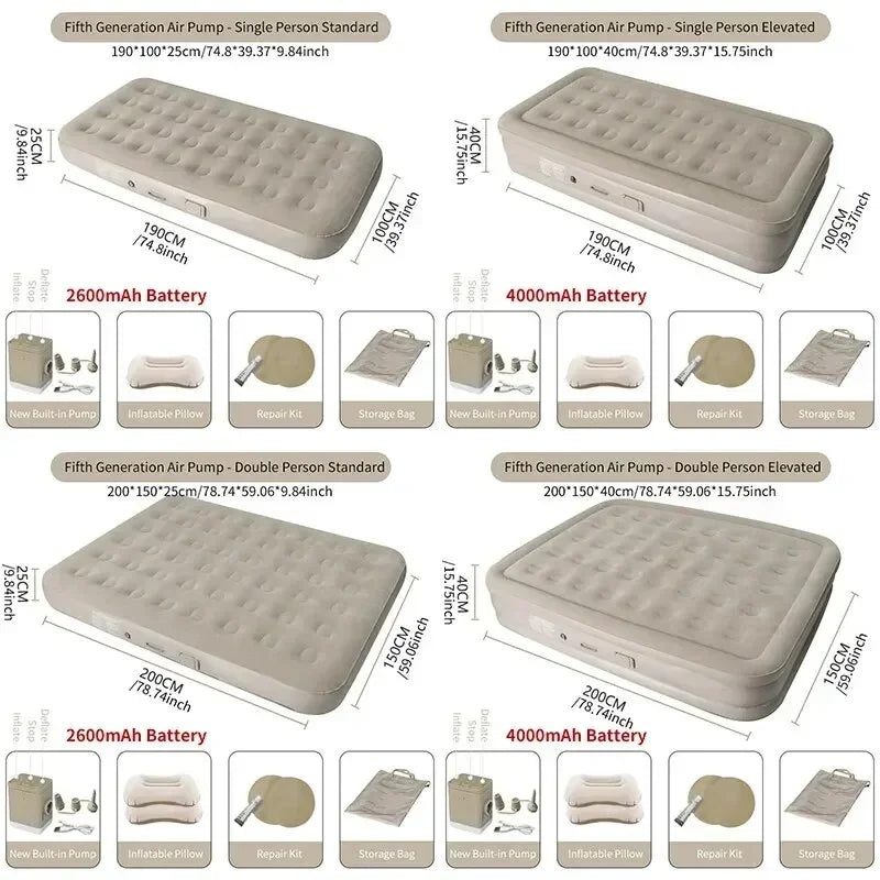 Quick-set double self-inflating air bed for camping, featuring a built-in pump for effortless setup.