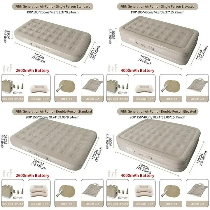 Quick-set double self-inflating air bed for camping, featuring a built-in pump for effortless setup.