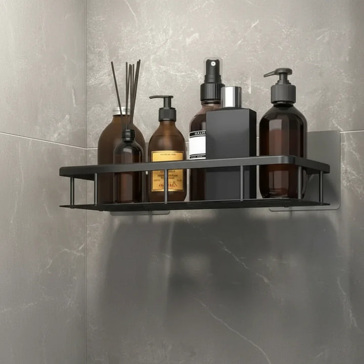 Modern home decor: Drill-free adhesive bathroom shelf. Stylish and practical wall storage.