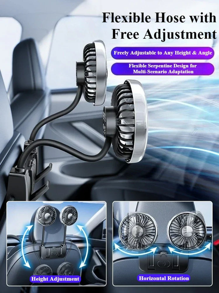 Backseat car cooling fan, USB-C powered, dual-head design for effective air circulation and auto interior comfort.