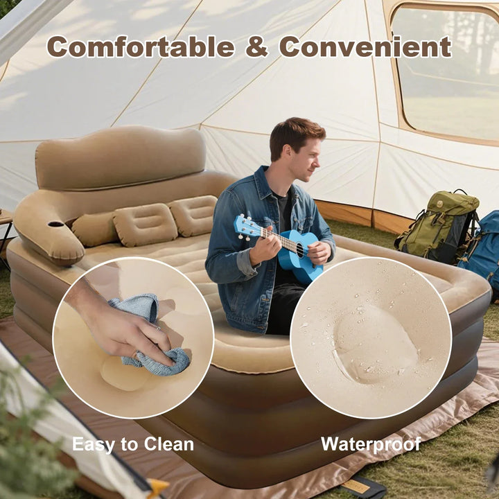 Tavvitaimp18 inflatable air mattress for RVs & travel, featuring a supportive headboard for comfortable rest.