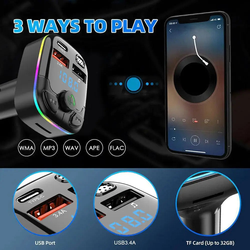 Hands-free car kit: Tavvitaimp18 Bluetooth FM transmitter & fast charger for safe calls and music on the road.