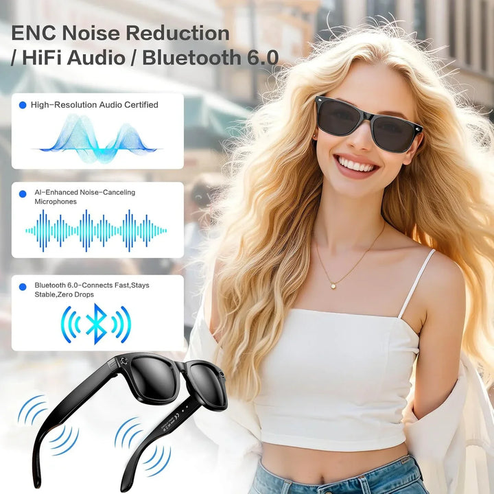 Stylish men's smart sunglasses with integrated camera for photo/video & instant language translation.