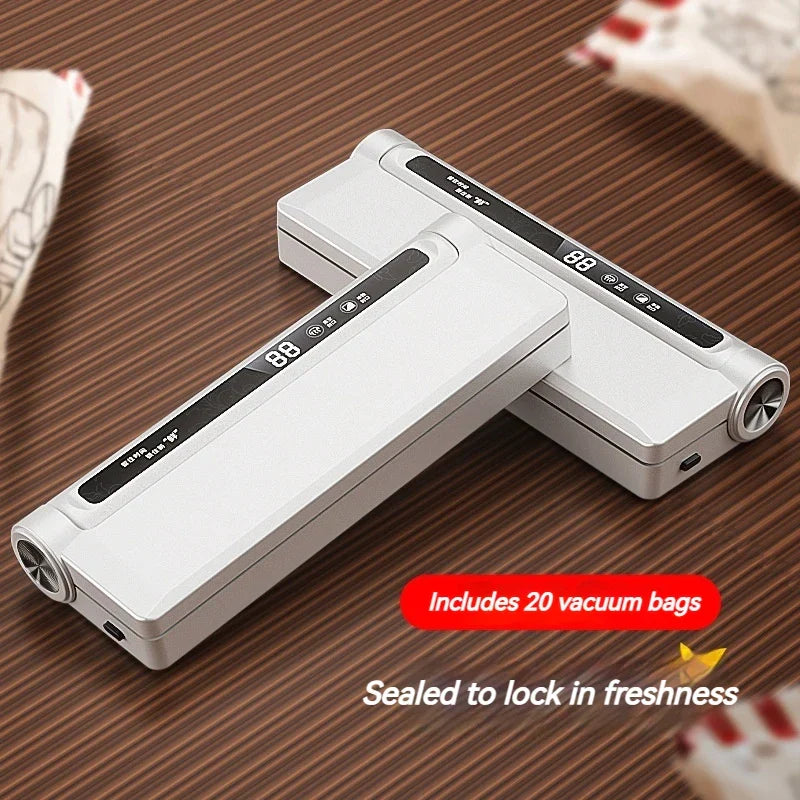 Seal food automatically with this white vacuum sealer, perfect for home kitchen food storage.