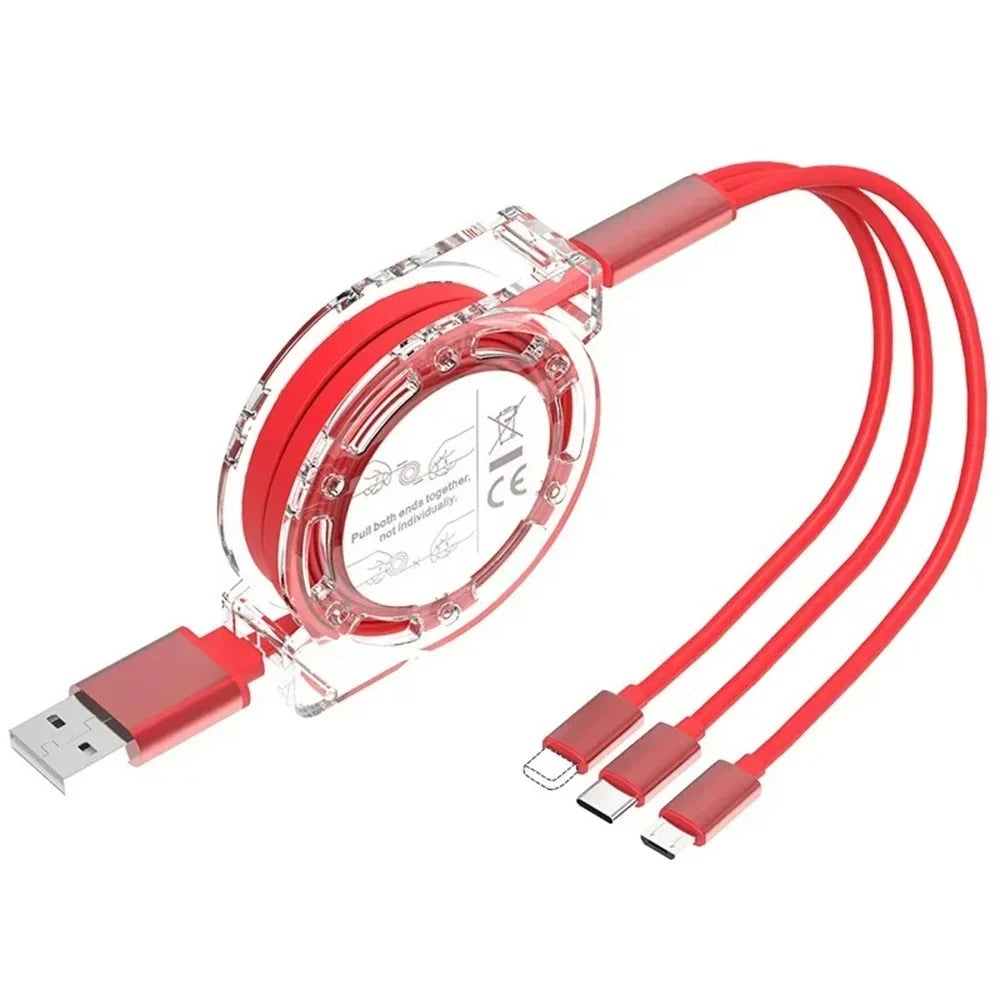 Universal 3-in-1 fast charging cable with USB, Type-C, and iPhone connectors for multiple devices.