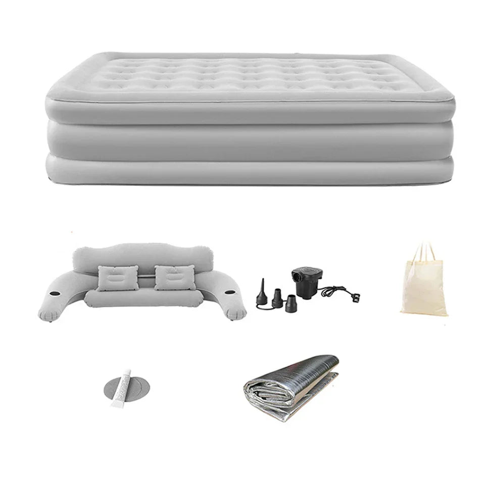 Easy-to-inflate air mattress with a comfortable headboard, great as a portable bed for any adventure or guest.