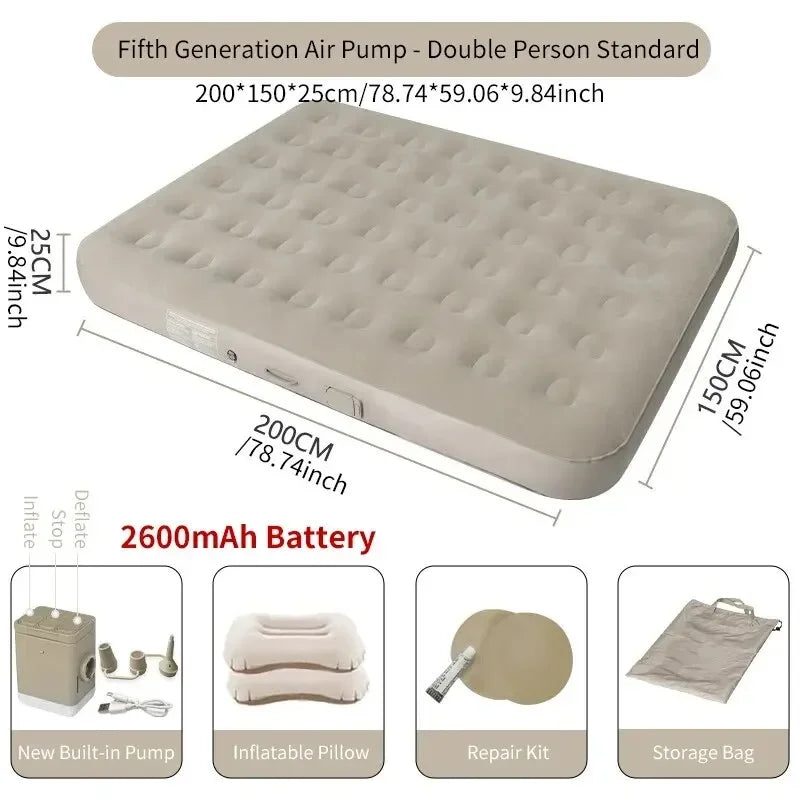 Versatile double air bed, self-inflating with a built-in pump. Great for camping, guests, & travel comfort.