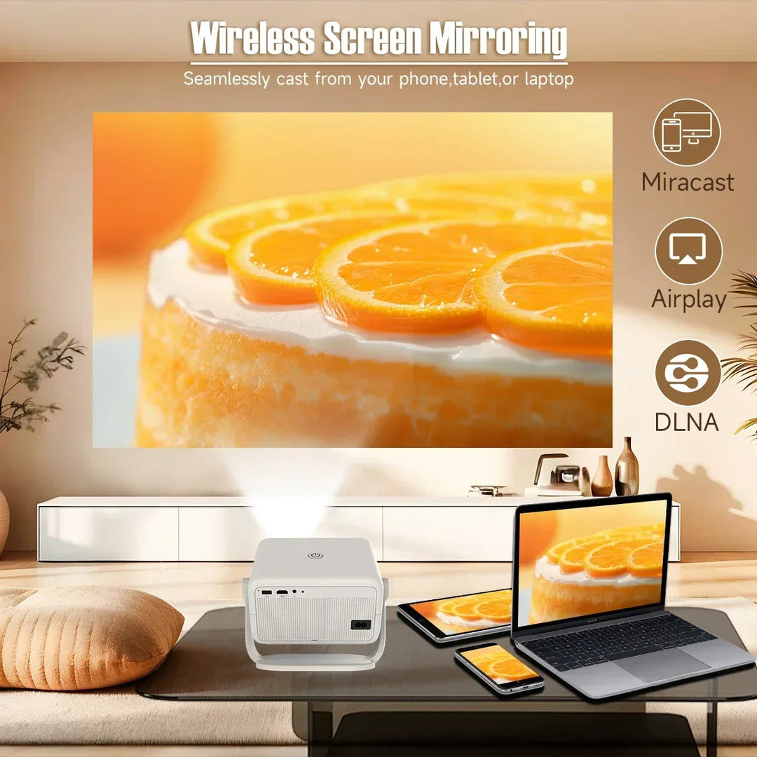 Ultra bright 1080P Smart Projector for home theater. Android 11, WiFi 6, Bluetooth for media & gaming.