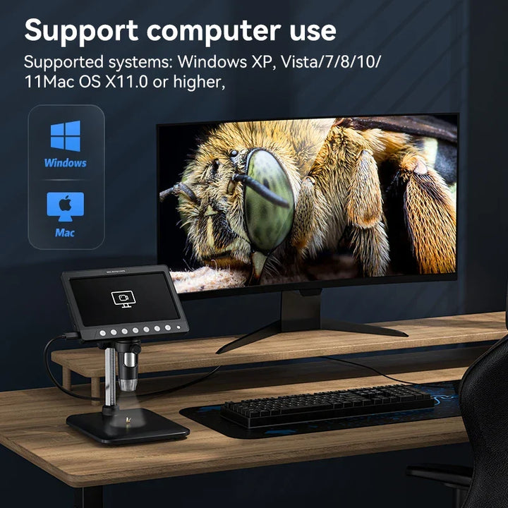 USB digital microscope with 7-inch screen, providing high magnification for electronic repair & PCB inspection.