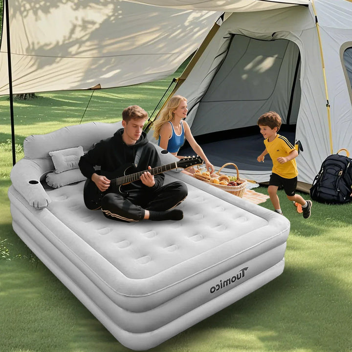 Portable guest bed: inflatable air mattress with headboard, perfect for temporary indoor/outdoor sleeping solutions.