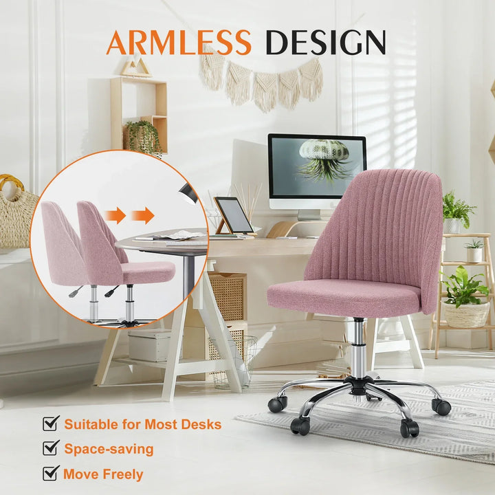 Stylish fabric compact swivel chair, modern design, ergonomic support for home office desk or vanity use.