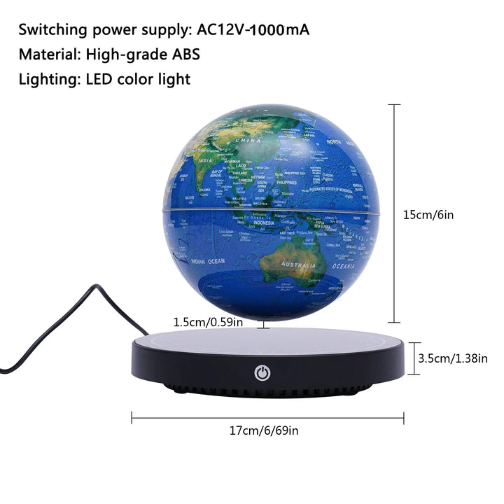 Unique magnetic levitating globe with colorful RGB lights, a futuristic tech display & educational desk accent.