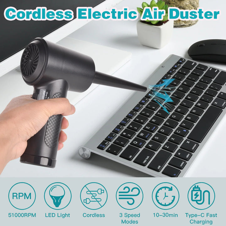 Versatile cordless duster for PC, keyboard, and office tech. Portable & USB rechargeable electronics cleaner.